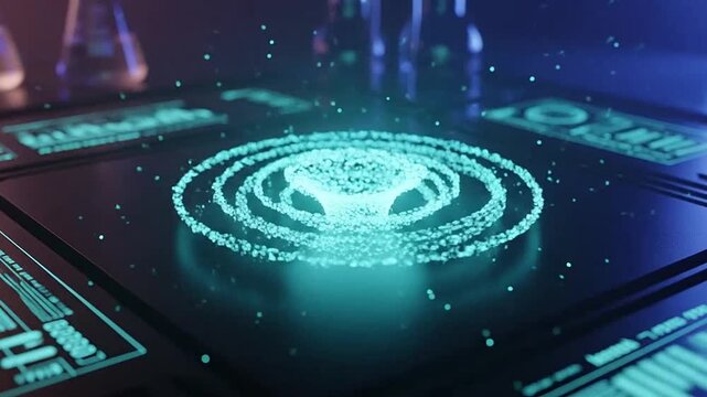 Futuristic laboratory interface displaying glowing circular particle hologram