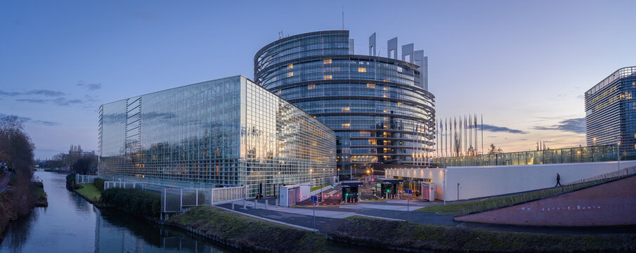 Strasbourg, France &ndash; January 16, 2026: The European Parliament building in Strasbourg, France, photographed at dusk.
