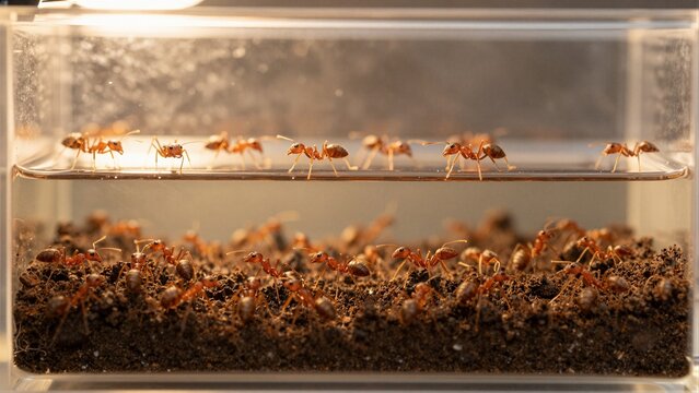 Close-up of red ants inside a transparent container filled with soil and water, showcasing their natural behavior.