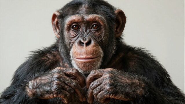 Close-up of a chimpanzee forming a heart shape with its hands against a plain background.