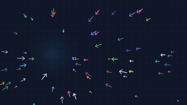 Abstract motion background with scattered colorful hand drawn arrows