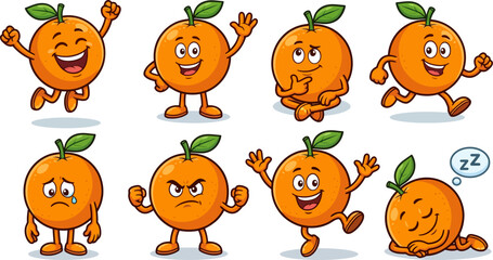 Naklejka premium A vibrant collection of expressive cartoon orange characters showcasing a diverse range of emotions and lively actions, perfect for adding a touch of playful energy to any design project