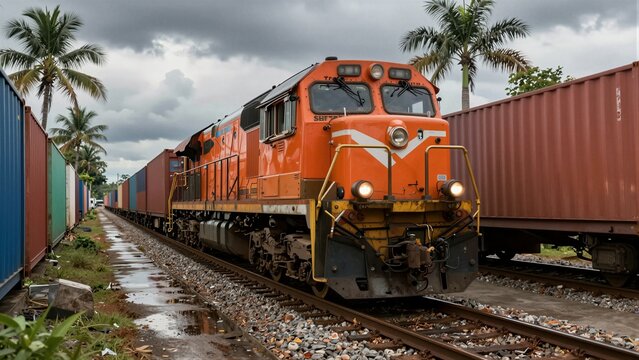 Orange locomotive pulling cargo containers at a tropical rail yard.