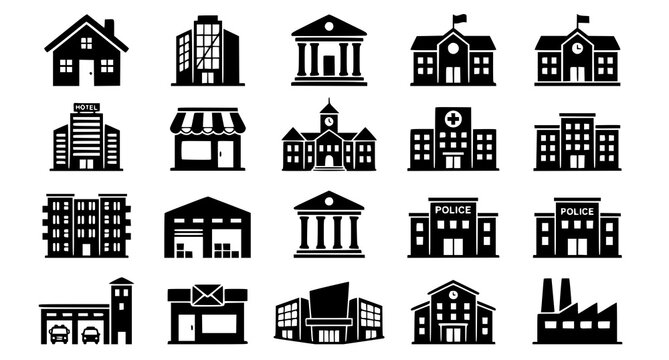 Solid building icon set with house office bank school hotel shop university and hospital flat vector collection