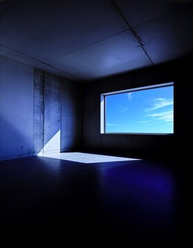 Dark Minimalist Concrete Room Interior with Dramatic Rectangular Window Framing Bright Blue Sky, Deep Shadow and Geometric Light Contrast
