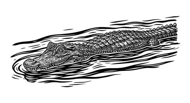 Vector Pinocut A detailed drawing of an alligator swimming in water. 