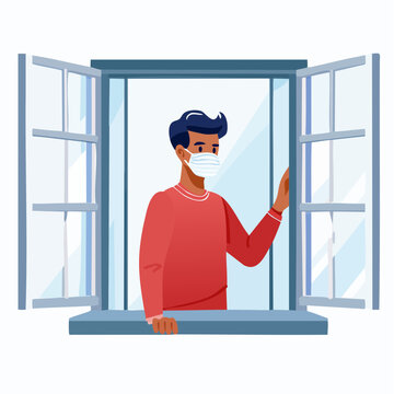 Man in Face Mask Looking Out Open Window