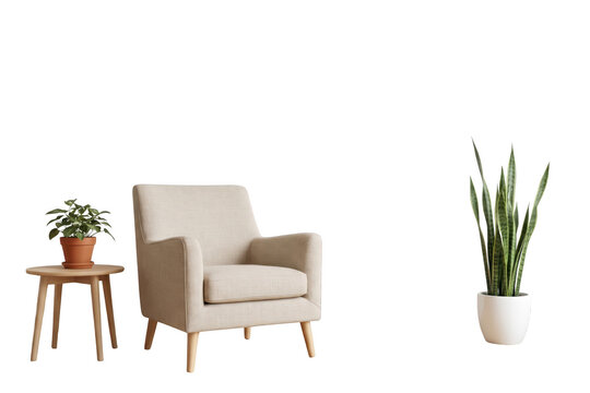 Cozy armchair next to a small side table with a potted plant isolated on transparent background