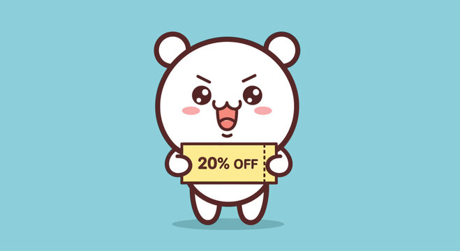Cute cartoon bear holding a 20% off discount coupon, happy expression, isolated on blue background