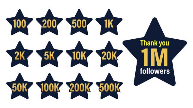 Follower count achievement badges with different numbers and text.