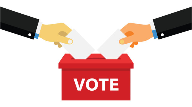 Voting concept with hands casting ballots into a red vote box.