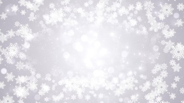 White snowflake frame background with grey winter border, soft bokeh glow, snowfall particles, and bright center space. for Christmas cards, holiday videos, wedding greetings, and seasonal overlays.