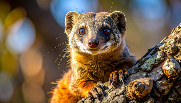Close up of a curious yellow mongoose perched on a tree branch, with blurred warm background and sparkling details