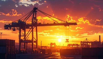 Fototapeta premium Industrial Cranes at Sunset in Shipping Yard.