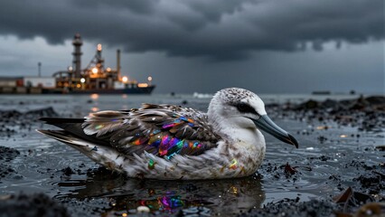 Naklejka premium A seabird covered in iridescent oil sits on a polluted shoreline with an industrial port and stormy sky in the background, highlighting environmental damage.