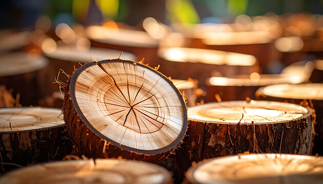 Close up of a rough wood log cross section with visible tree rings and bark texture, warm golden hour light