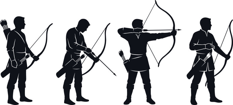 Medieval Archer Silhouette Vector Set Featuring Bowmen in Various Action Poses for Historical War and Sport Archery Graphic Designs