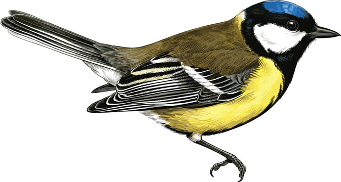 Detailed Hand Drawn Great Tit Bird Vector Illustration with Yellow Belly and Blue Crown for Nature Education, Wildlife Conservation, and Garden Ornithology Graphic Design Projects
