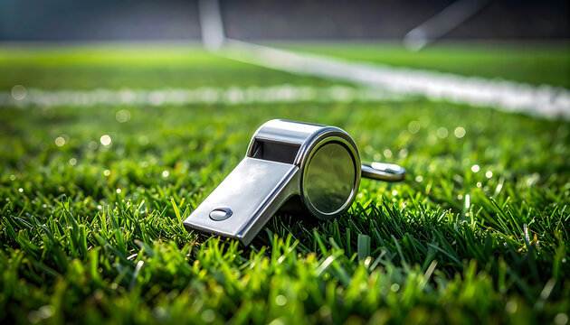 Close up of a metal referee whistle lying on vibrant green soccer field grass with white line marking, symbolizing sports, game, and officiating