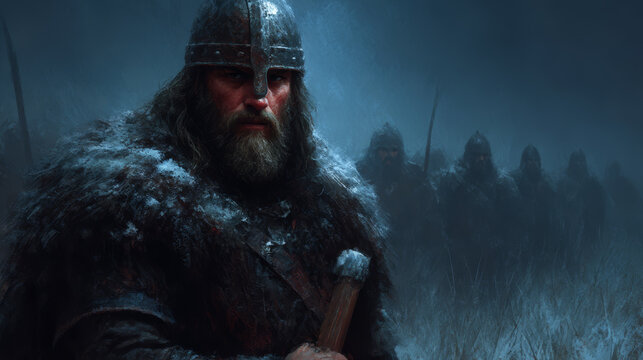 Fierce Viking warrior with beard and helmet leads his army through a snowy landscape