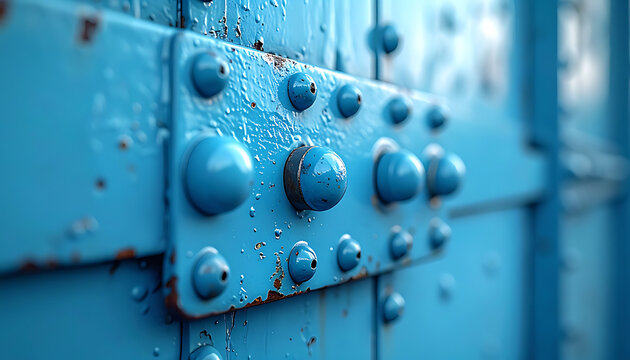 Close-up of a weathered blue metal surface with rivets and rust spots, showing texture and industrial detail