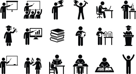 Obraz premium Education and Business Training Stick Figure Icon Set Featuring Teaching Learning Graduation Science Research and Academic Achievement Symbols for School University and Professional Development