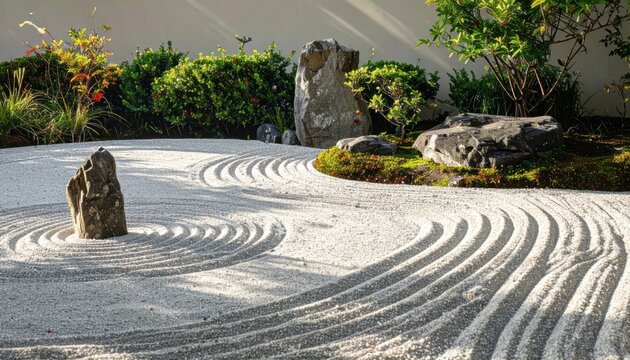 Serene Japanese Zen Garden with Raked Sand and Rocks.