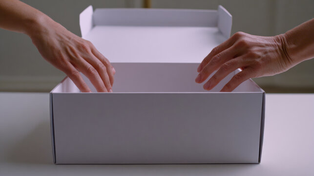 Hands reaching empty white box for discovery