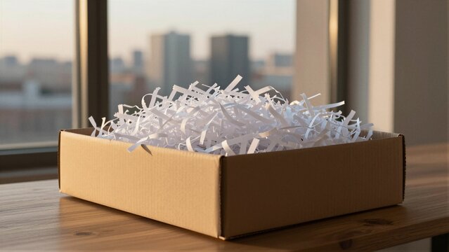 A cardboard box filled with shredded white paper on a wooden table, with a softly focused cityscape in the background.