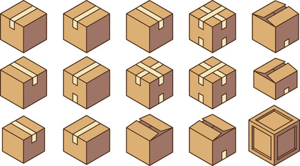Fototapeta premium Cardboard Boxes Collection with Various Openings and Sealing Styles for Packaging, Shipping, and Storage Designs