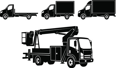 Silhouette truck icons featuring cargo vehicles and utility boom truck for transport and construction projects © MdAl