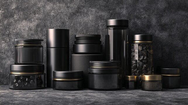 Collection of black cosmetic cream bottles and jars on dark background for luxury skincare branding product mockup and studio product display
