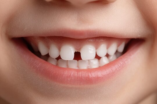 Close up of cute child mouth smiling with baby teeth and gap missing tooth pediatric dentistry kids dental health
