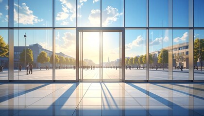 Naklejka premium Open Glass Doors To Bright Public Square In Modern Building Lobby
