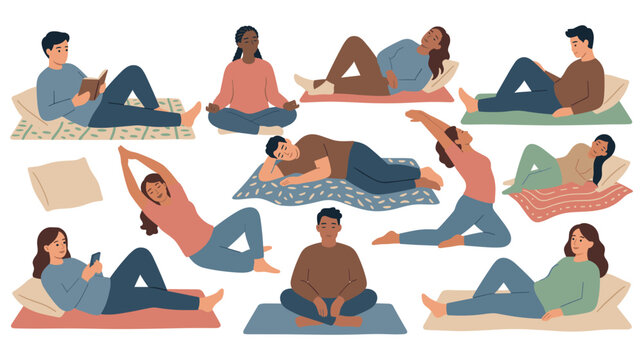 People relaxing and practicing yoga on mats in comfortable indoor setting.
