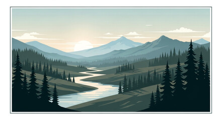 Serene Mountain Valley River Landscape at Sunrise. © Mutmainah