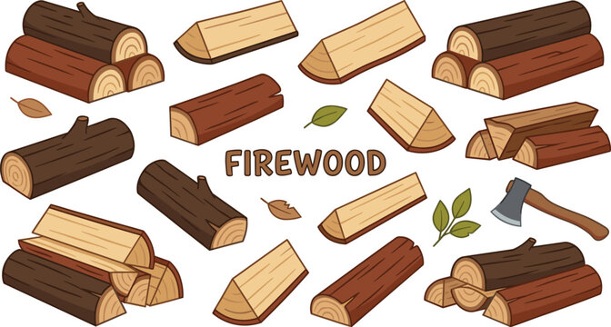 Firewood Collection with Chopped Logs, Ax, and Leaves for Outdoor, Camping, and Nature Designs