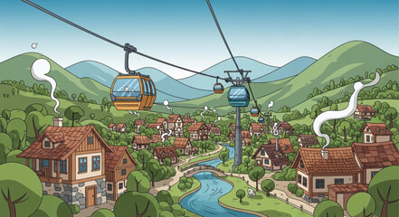 Scenic mountain village with cable cars and river. © Mutmainah