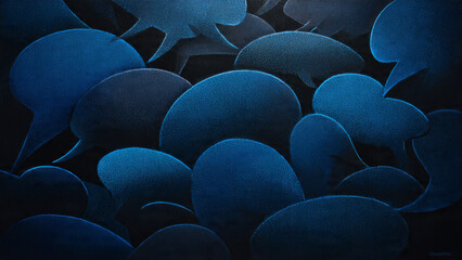 Fototapeta premium Abstract 3D rendered blue conversation bubbles with granular texture, overlapping on a dark background, suitable for social media icons, customer