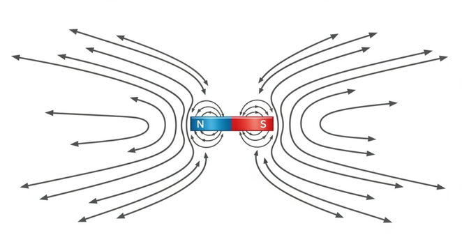 Scientific diagram of a bar magnet with its north and south poles showing the magnetic field lines.