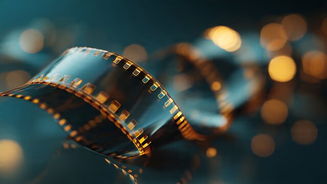 A single 35mm film strip elegantly coiled in a spiral on a reflective surface, showcasing golden perforations against a cool teal bokeh background