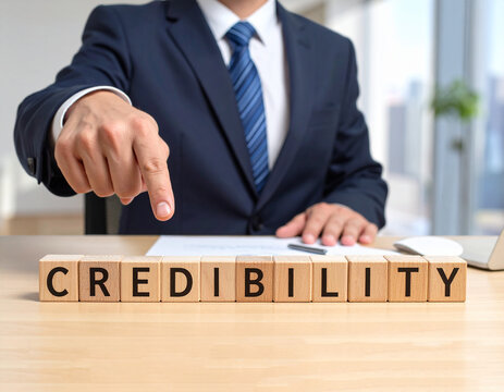 Credibility - Geschäftsmann zeigt auf den Text "Credibility"
