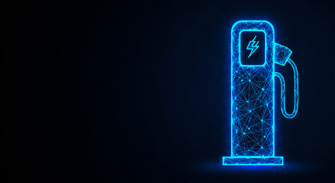 A futuristic electric vehicle (EV) charging station with a glowing electric bolt symbol, displayed on a dark background.