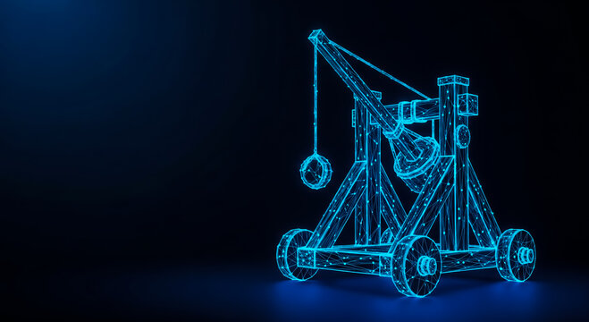 High-detail 3D illustration of a futuristic trebuchet with blue neon glow, mechanical structure, and wheels on a dark backdrop.
