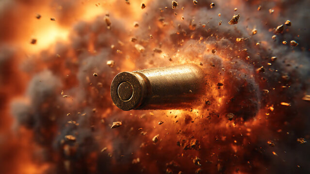 Brass bullet casing mid-explosion, dramatic cinematic lighting with fiery smoke and flying debris, close-up view, concept for military training
