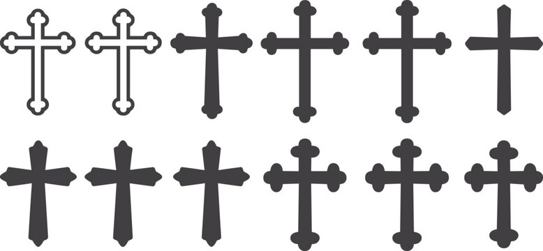 Set of Christian Cross Icons in Various Decorative Styles and Silhouettes Isolated on White for Religious Design Projects