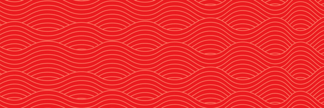 Chinese Wave Seamless Pattern. Vector Red and Gold Japanese Texture. Oriental Circle Geometric Bg Design