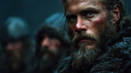 Fototapeta premium Intense close-up of a weathered Viking warrior with a beard in the snow
