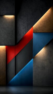 Abstract 3D geometric panel composition with diagonal red and blue accents on dark concrete textured surfaces with warm underlighting for corporate background