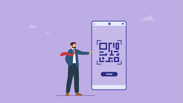 Businessman standing near big mobile phone and scan qr code for payment goods and services. QR code scanning concept.